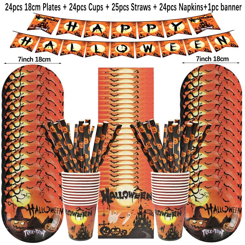 Halloween Disposable Tableware Set – Pumpkin Plates, Cups, Napkins, Tablecloth & Banner for Spooky Party Decorations