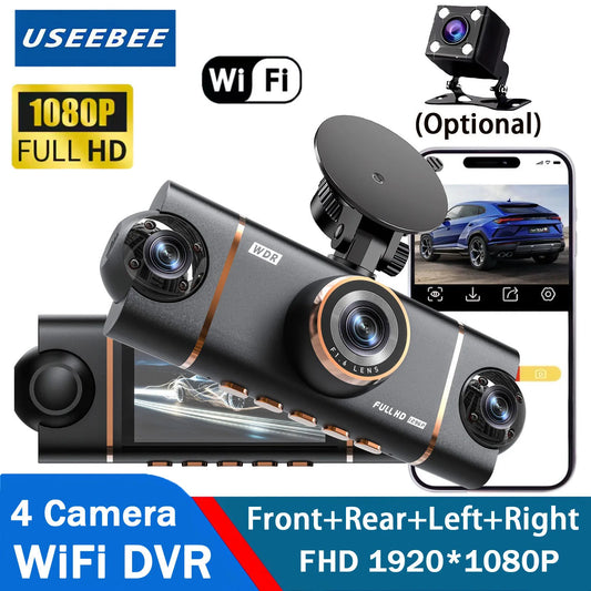 4-Channel Dash Cam with WiFi – Full HD 1080P Car DVR, Front & Rear Cameras, Night Vision Black Box for Safer Driving