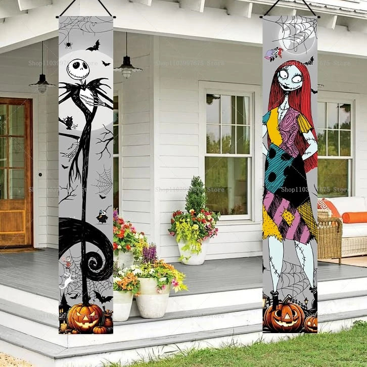 Nightmare Before Christmas Jack Skellington & Sally Banner – Halloween Wall Decorations for Indoor & Outdoor Parties