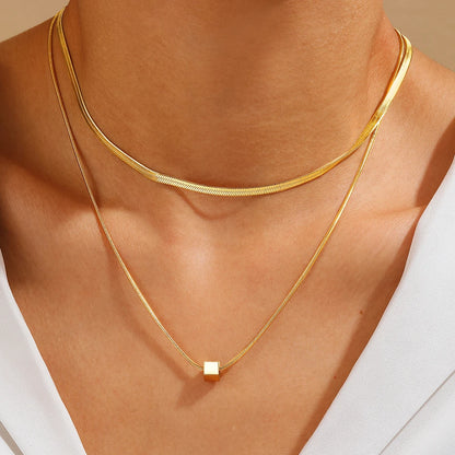 DOTIFI Women’s Two-Layer Stainless Steel Square Pendant Necklace – Simple Geometric Stacked Collarbone Chain Jewellery