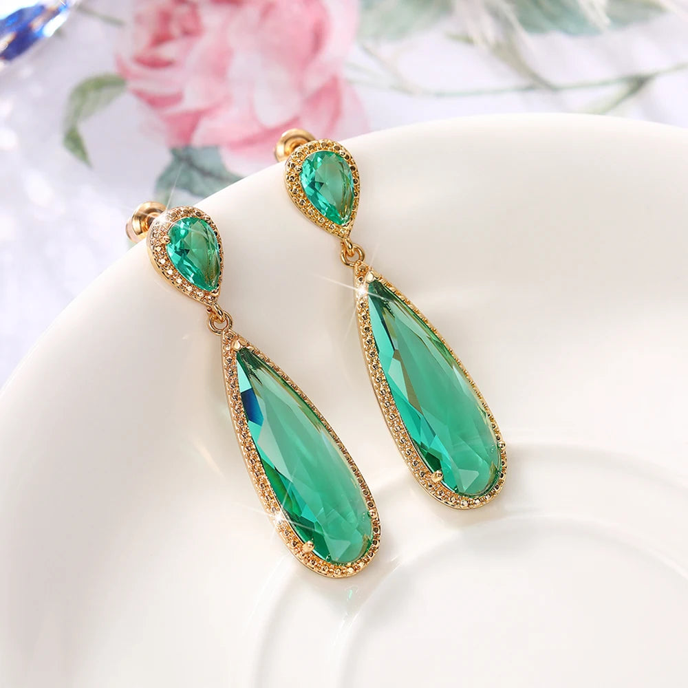 Elegant Green & Purple CZ Water Drop Dangle Earrings for Women – Huitan Luxury Wedding & Party Jewellery