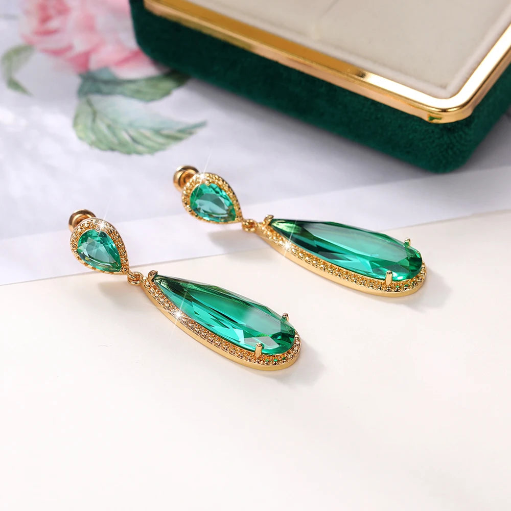 Elegant Green & Purple CZ Water Drop Dangle Earrings for Women – Huitan Luxury Wedding & Party Jewellery