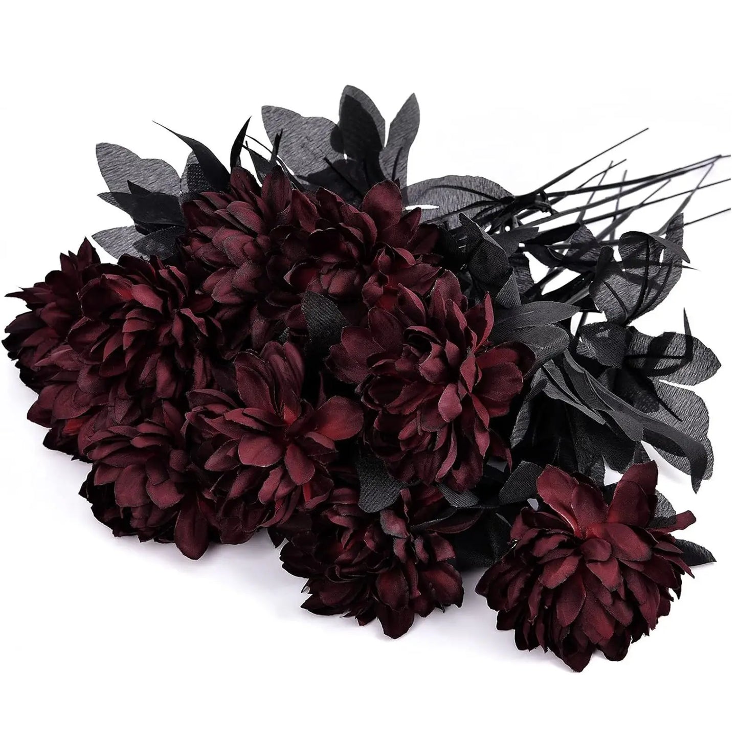 Halloween Black & Burgundy Dahlia Artificial Flowers – Creepy Chic Branch Arrangement for Home & Events