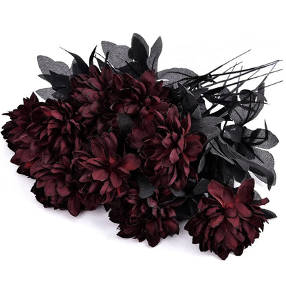 Halloween Black & Burgundy Dahlia Artificial Flowers – Creepy Chic Branch Arrangement for Home & Events
