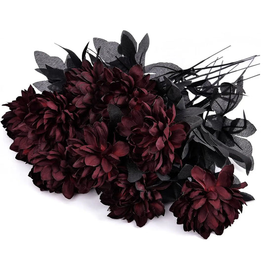 Halloween Black & Burgundy Dahlia Artificial Flowers – Creepy Chic Branch Arrangement for Home & Events