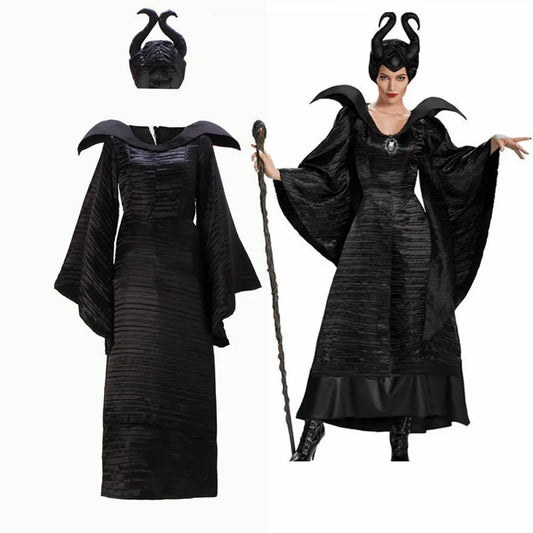 Maleficent Witch Costume Dress – Evil Queen Halloween Outfit with Horns Hat for Women