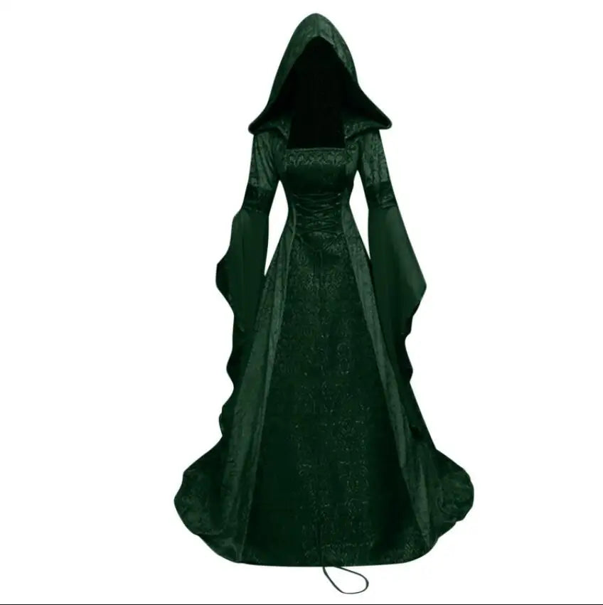 Women Deluxe Witch Dress Medieval Costume Vintage Embroidered Renaissance Gothic Hooded Vampire Gown Dress Cosplay