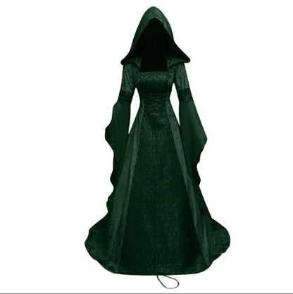 Women Deluxe Witch Dress Medieval Costume Vintage Embroidered Renaissance Gothic Hooded Vampire Gown Dress Cosplay
