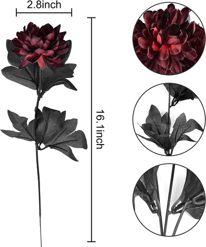 Halloween Black & Burgundy Dahlia Artificial Flowers – Creepy Chic Branch Arrangement for Home & Events