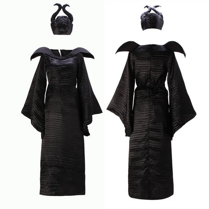 Maleficent Witch Costume Dress – Evil Queen Halloween Outfit with Horns Hat for Women