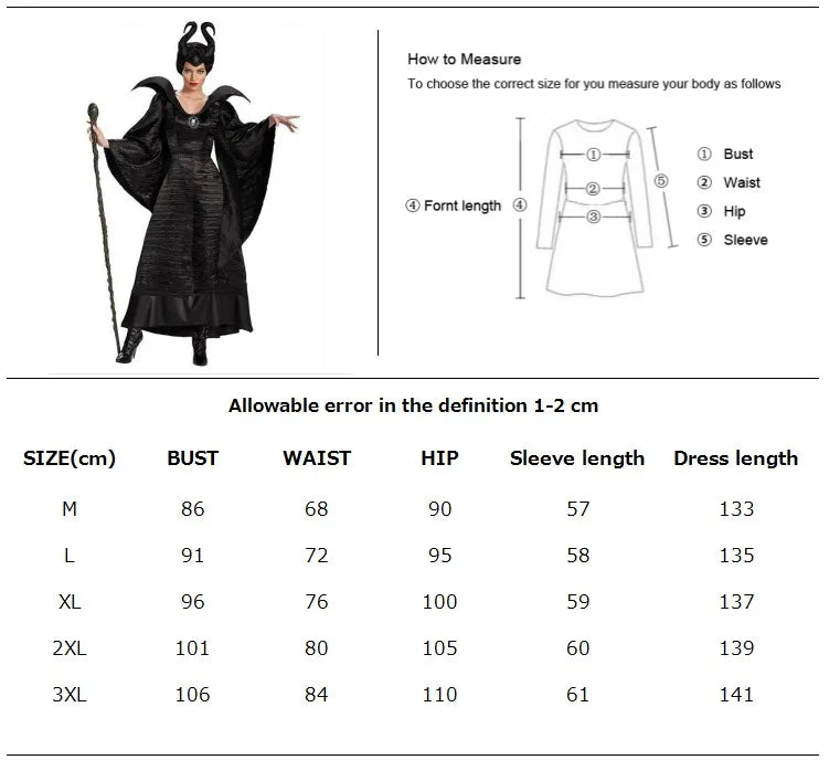 Maleficent Witch Costume Dress – Evil Queen Halloween Outfit with Horns Hat for Women