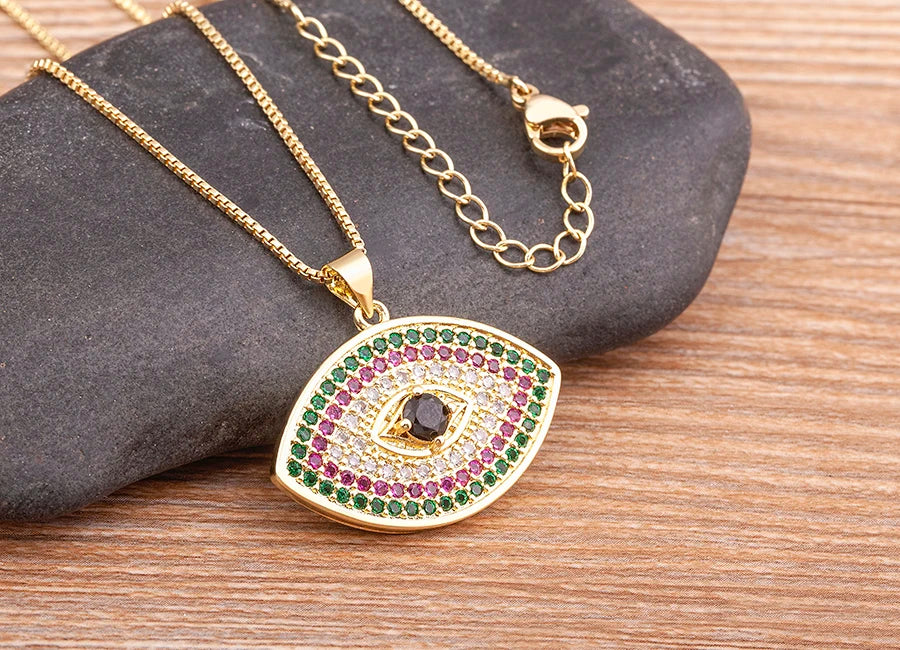 Turkish Evil Eye Pendant Necklace with Colourful Zircon – Unisex Lucky Protection Choker, Classic Gift Jewellery