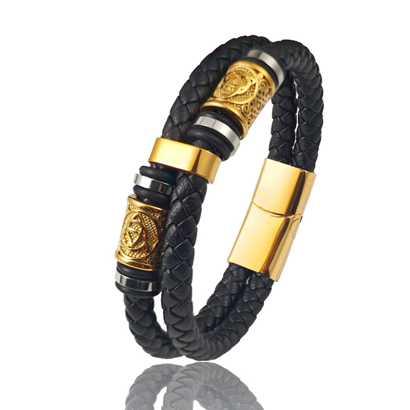 Men's Stainless Steel Leather Bracelet with Combination Symbol – Double Weave Stylish Accessory Gift for Handsome Boys