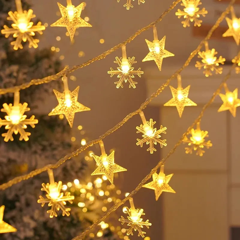 LED Christmas String Lights Star & Snowflake – Festive Clear Acrylic Fairy Lights for Home & Tree Decor