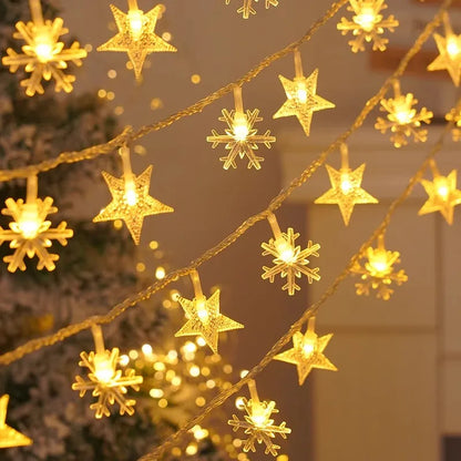 LED Christmas String Lights Star & Snowflake – Festive Clear Acrylic Fairy Lights for Home & Tree Decor