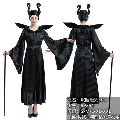 Maleficent Witch Costume Dress – Evil Queen Halloween Outfit with Horns Hat for Women