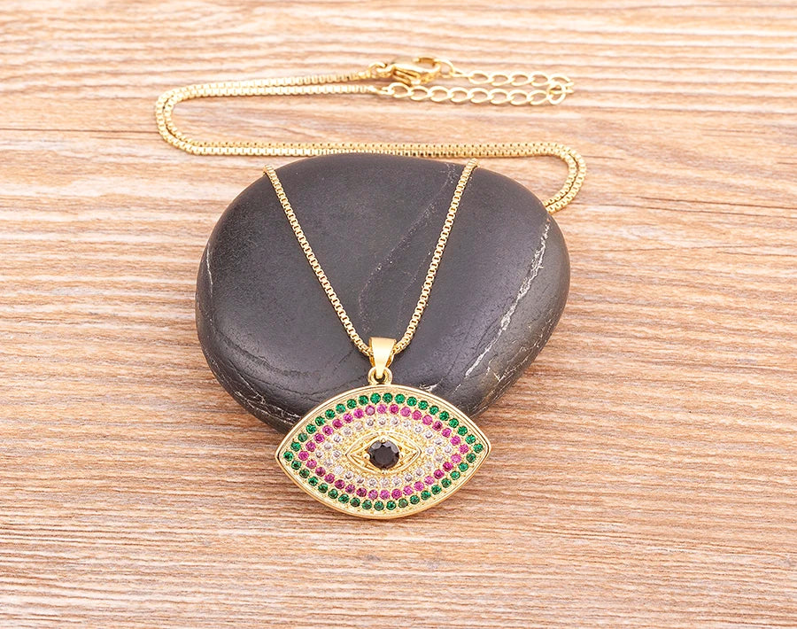 Turkish Evil Eye Pendant Necklace with Colourful Zircon – Unisex Lucky Protection Choker, Classic Gift Jewellery