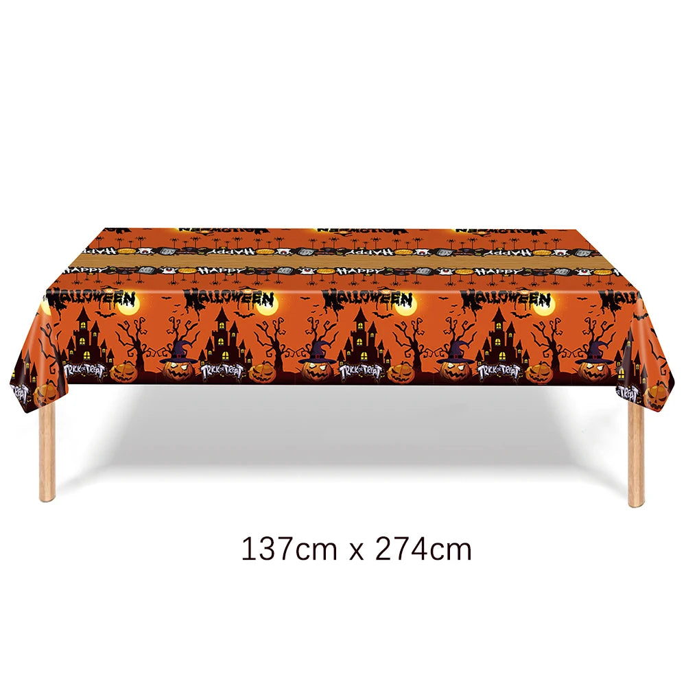 Halloween Disposable Tableware Set – Pumpkin Plates, Cups, Napkins, Tablecloth & Banner for Spooky Party Decorations