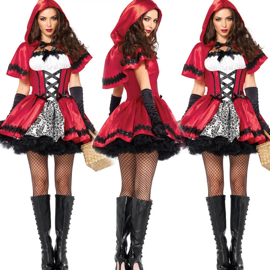 Enchanting Red Riding Hood Cosplay Dress – Women’s Halloween Fairy Tale Costume with Shawl & Cap