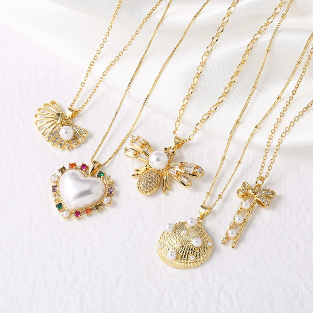 ASJEWELRY White Pearl Shell Bee & CZ Crystal Heart Necklace for Women – Elegant Zircon Jewellery Gift