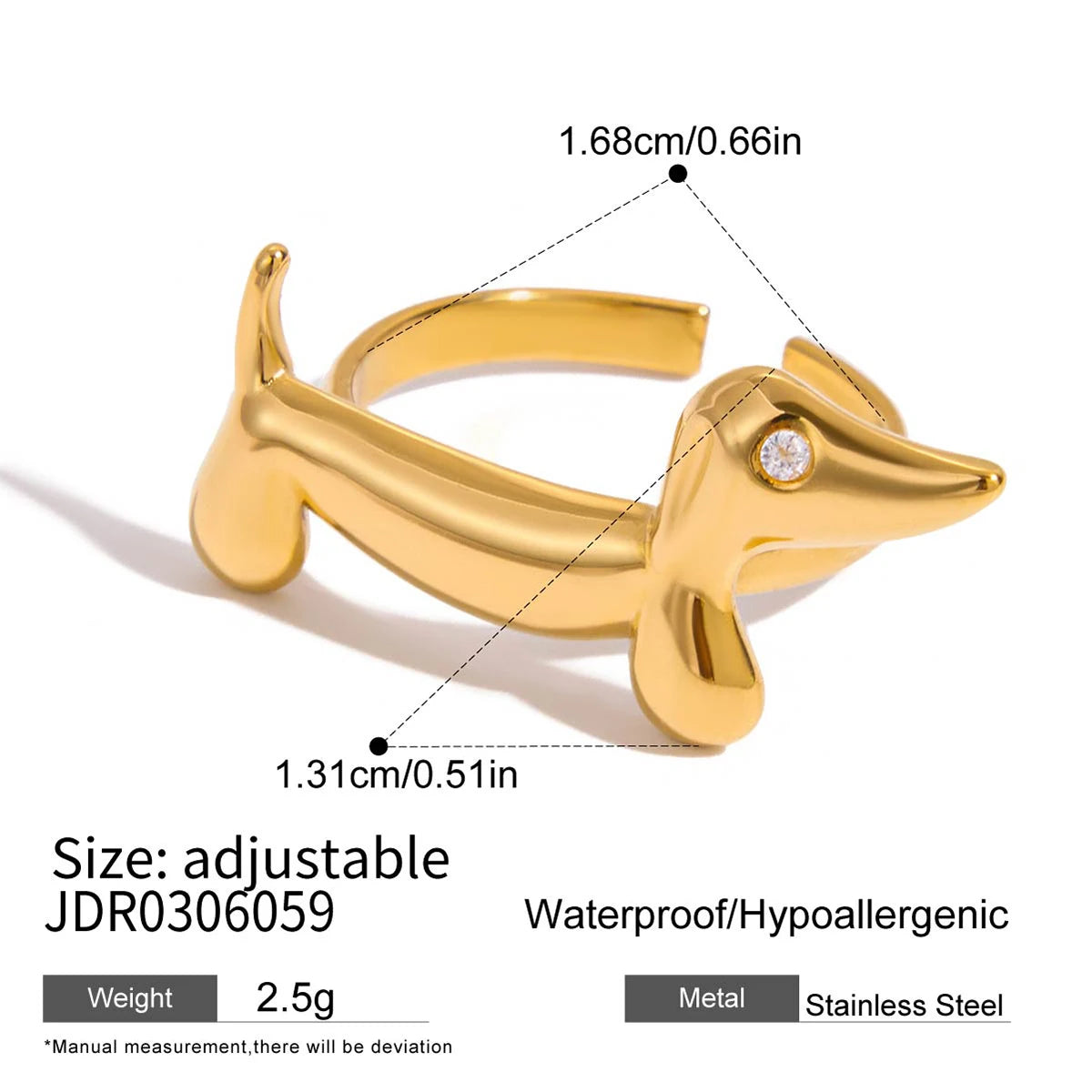 Lucky Cat & Sausage Dog Ring em Aço Inoxidável 18K Gold com Strass – Anel Empilhável à Prova d’Água