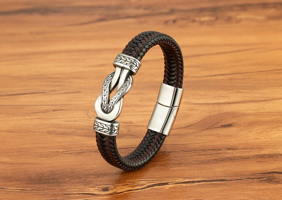 XQNI Stainless Steel Bracelets Weave Black/Brown Leahter Magnetic Buckle Rope Jewelry Accessories Bangles Gifts for Men Friend