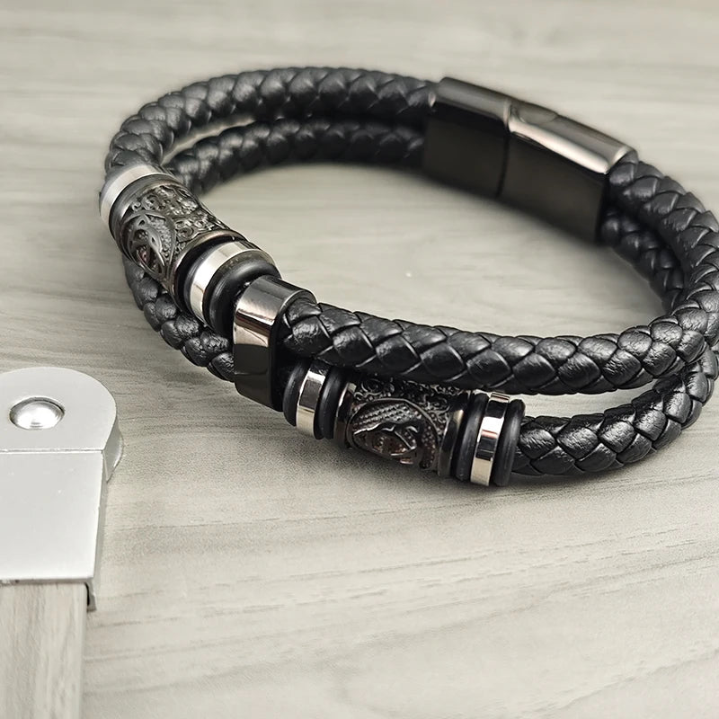 Men's Stainless Steel Leather Bracelet with Combination Symbol – Double Weave Stylish Accessory Gift for Handsome Boys