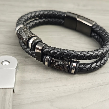 Men's Stainless Steel Leather Bracelet with Combination Symbol – Double Weave Stylish Accessory Gift for Handsome Boys