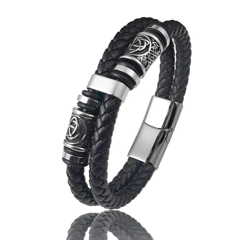 Men's Stainless Steel Leather Bracelet with Combination Symbol – Double Weave Stylish Accessory Gift for Handsome Boys