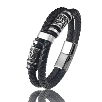 Men's Stainless Steel Leather Bracelet with Combination Symbol – Double Weave Stylish Accessory Gift for Handsome Boys