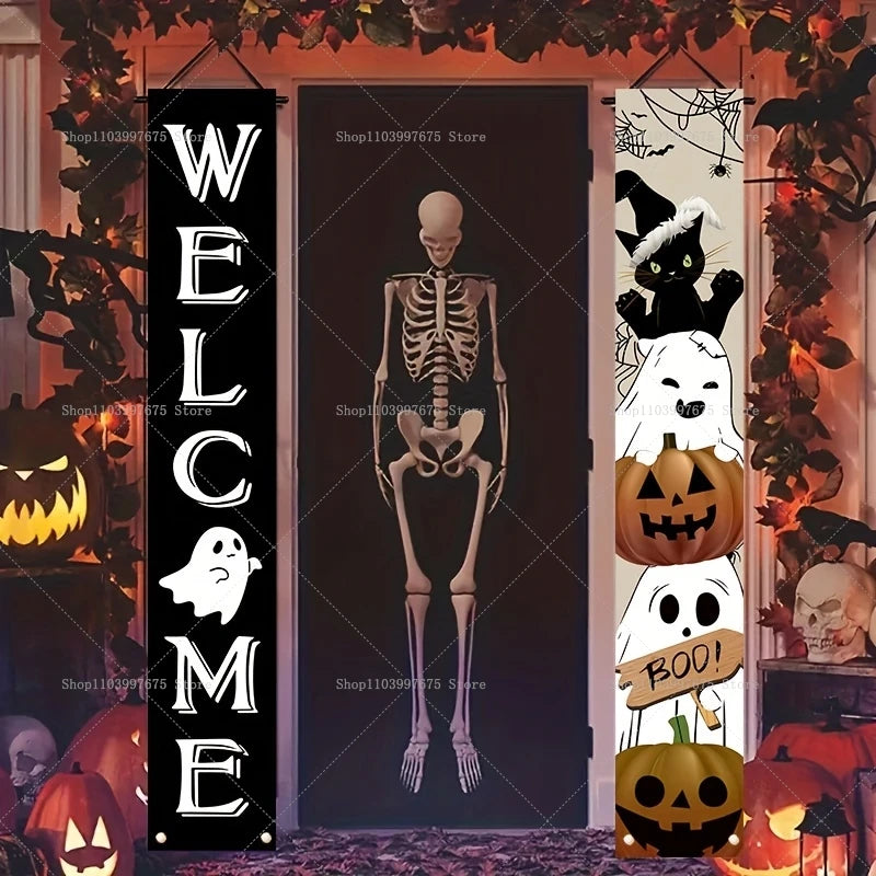 Pumpkin Ghost Trick or Treat Couplets Banner Halloween Party Decorations Porch Sign Indoor Outdoor Wall Hanging Background
