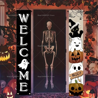 Pumpkin Ghost Trick or Treat Couplets Banner Halloween Party Decorations Porch Sign Indoor Outdoor Wall Hanging Background