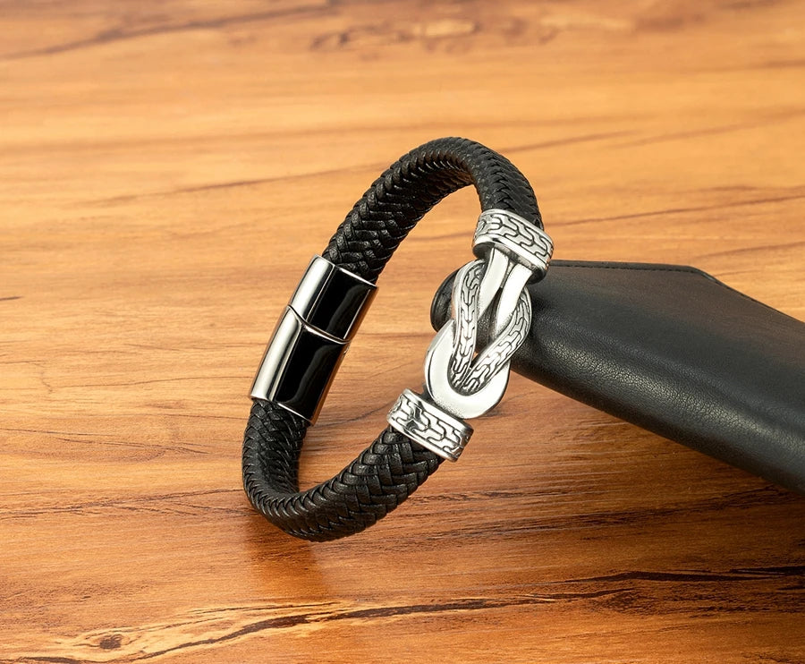 XQNI Stainless Steel Bracelets Weave Black/Brown Leahter Magnetic Buckle Rope Jewelry Accessories Bangles Gifts for Men Friend