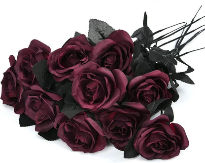 Halloween Black & Burgundy Dahlia Artificial Flowers – Creepy Chic Branch Arrangement for Home & Events