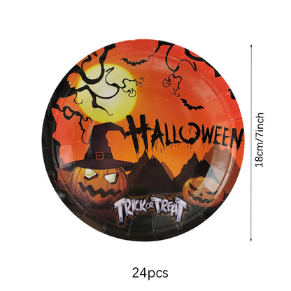 Halloween Disposable Tableware Set – Pumpkin Plates, Cups, Napkins, Tablecloth & Banner for Spooky Party Decorations