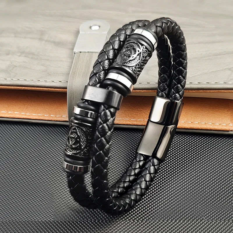 Men's Stainless Steel Leather Bracelet with Combination Symbol – Double Weave Stylish Accessory Gift for Handsome Boys