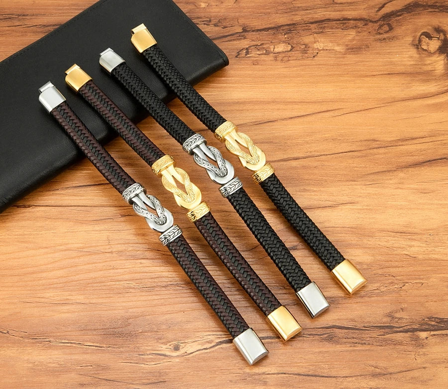 XQNI Stainless Steel Bracelets Weave Black/Brown Leahter Magnetic Buckle Rope Jewelry Accessories Bangles Gifts for Men Friend