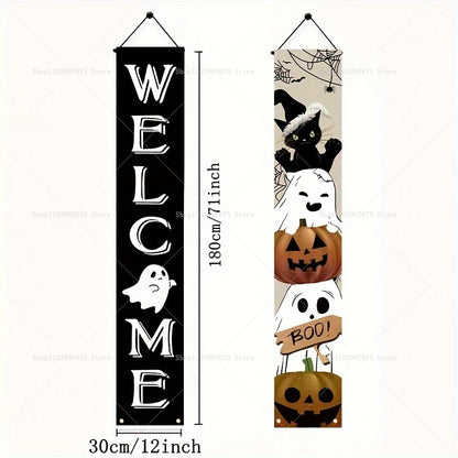 Pumpkin Ghost Trick or Treat Couplets Banner Halloween Party Decorations Porch Sign Indoor Outdoor Wall Hanging Background