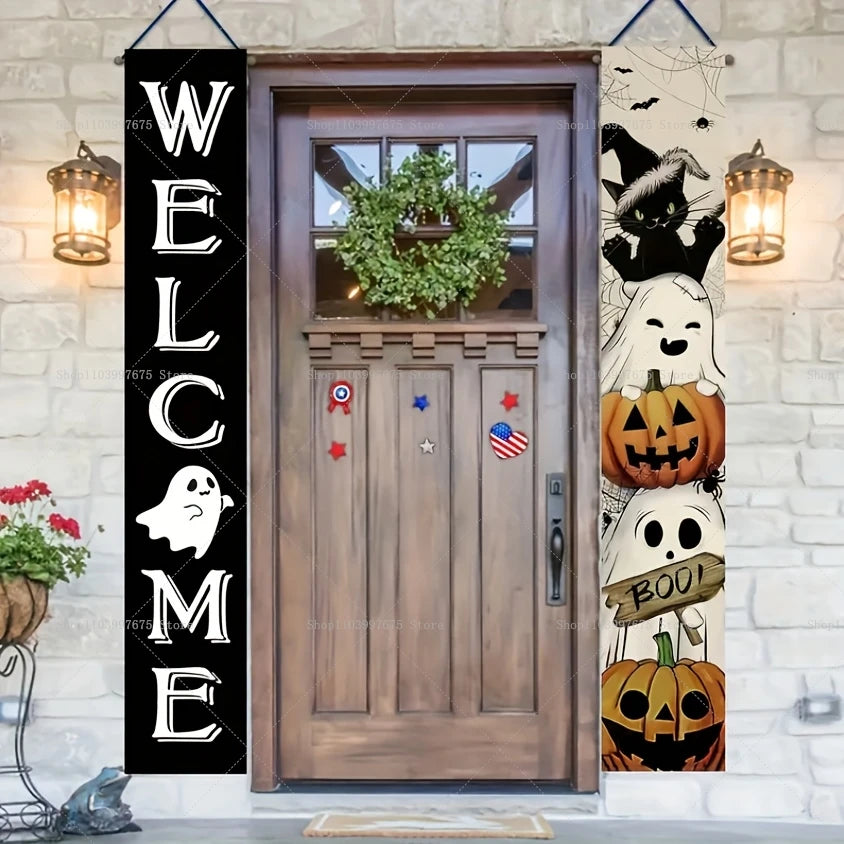 Pumpkin Ghost Trick or Treat Couplets Banner Halloween Party Decorations Porch Sign Indoor Outdoor Wall Hanging Background