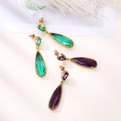 Elegant Green & Purple CZ Water Drop Dangle Earrings for Women – Huitan Luxury Wedding & Party Jewellery