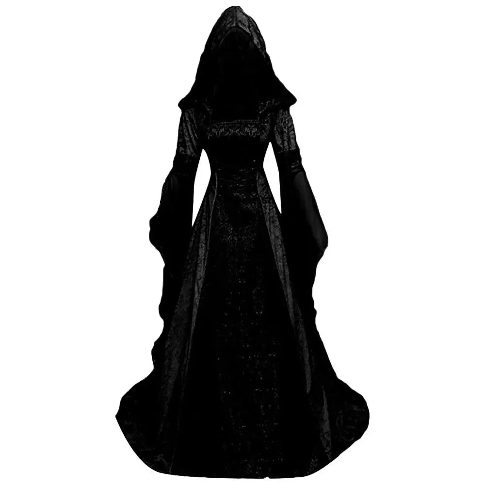 Women Deluxe Witch Dress Medieval Costume Vintage Embroidered Renaissance Gothic Hooded Vampire Gown Dress Cosplay