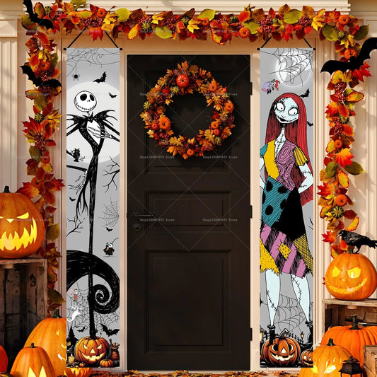 Nightmare Before Christmas Jack Skellington & Sally Banner – Halloween Wall Decorations for Indoor & Outdoor Parties