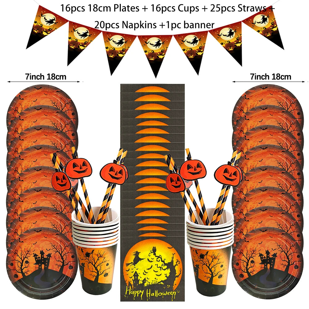Halloween Disposable Tableware Set – Pumpkin Plates, Cups, Napkins, Tablecloth & Banner for Spooky Party Decorations