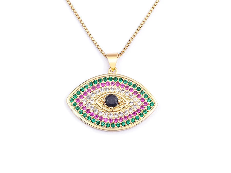Turkish Evil Eye Pendant Necklace with Colourful Zircon – Unisex Lucky Protection Choker, Classic Gift Jewellery