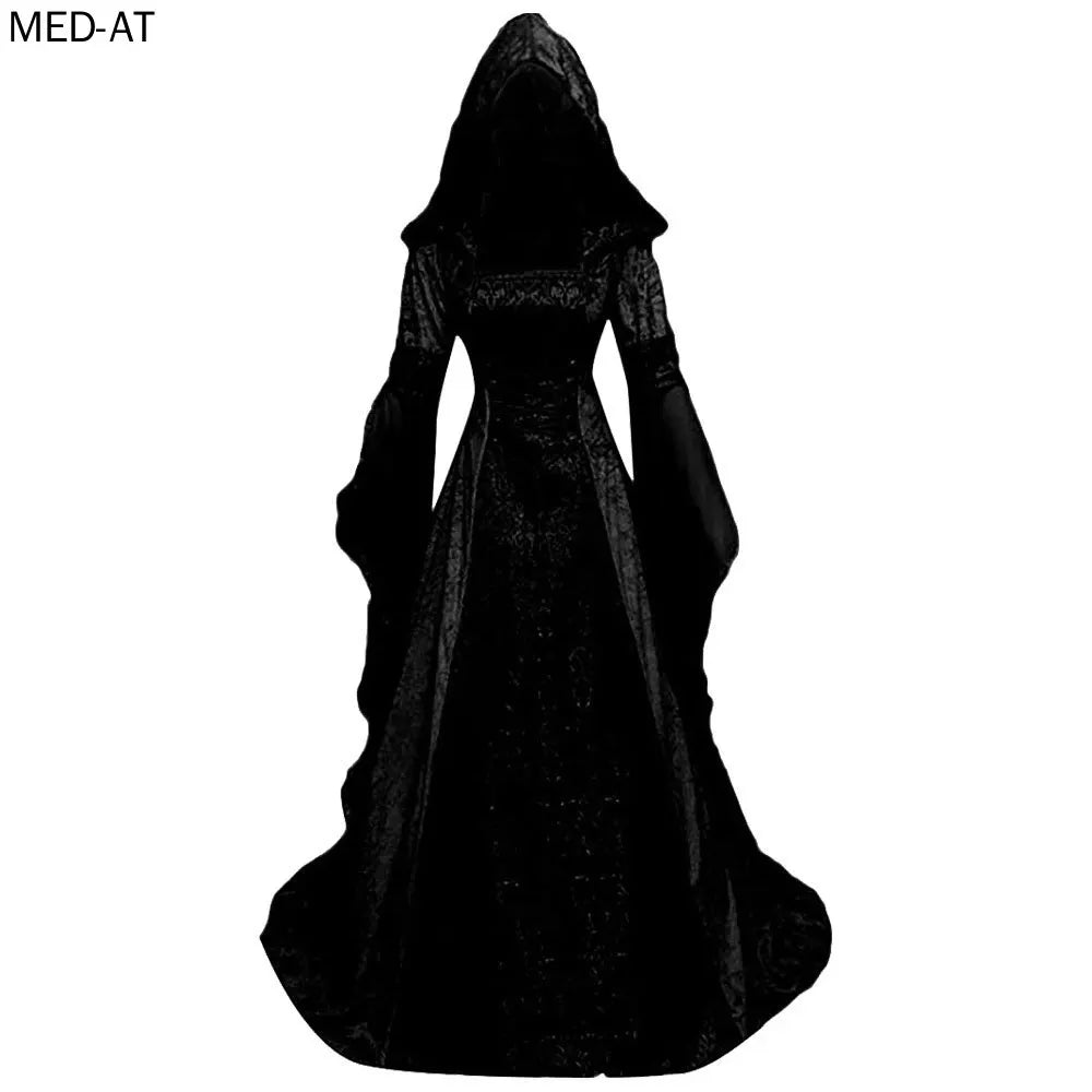Women Deluxe Witch Dress Medieval Costume Vintage Embroidered Renaissance Gothic Hooded Vampire Gown Dress Cosplay