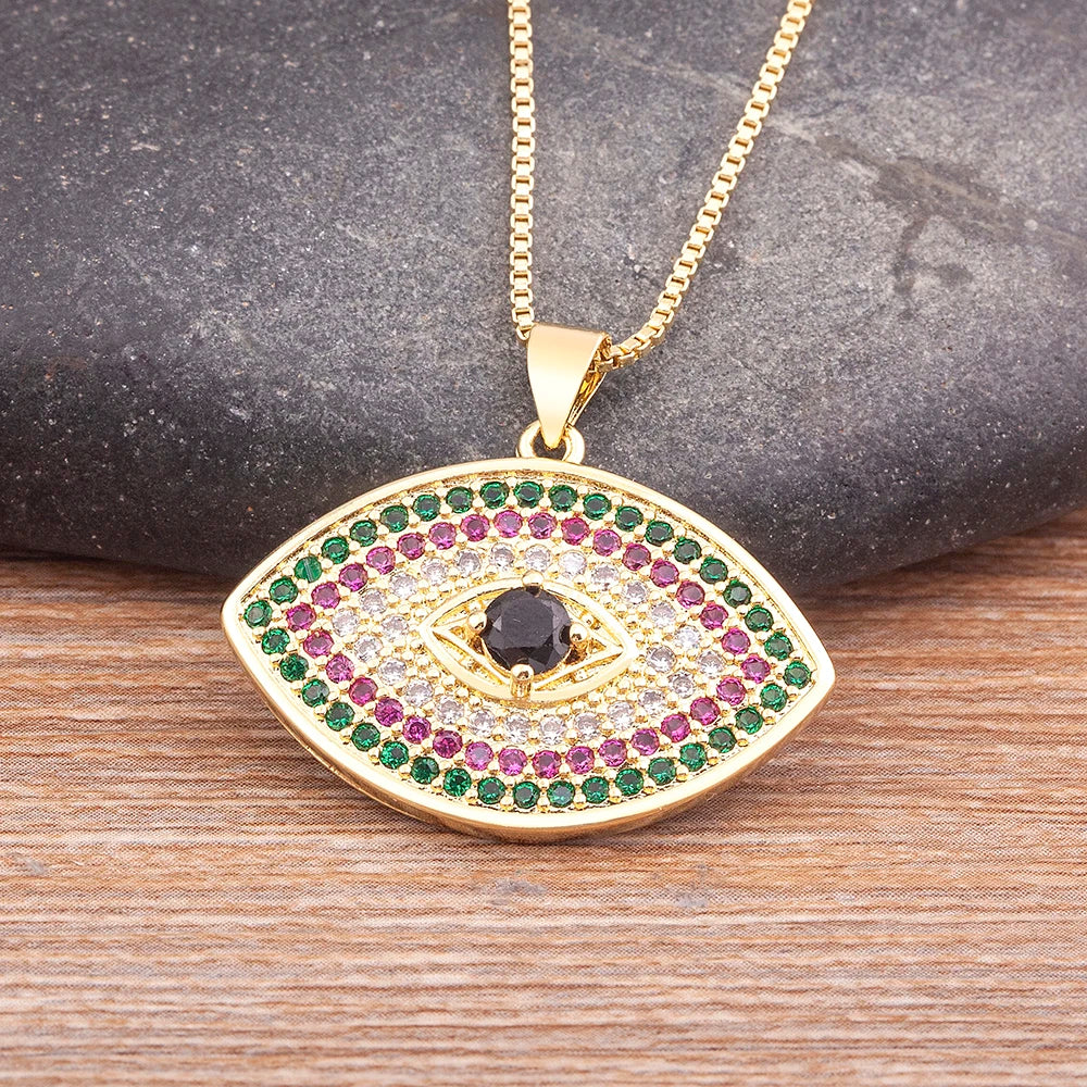 Turkish Evil Eye Pendant Necklace with Colourful Zircon – Unisex Lucky Protection Choker, Classic Gift Jewellery