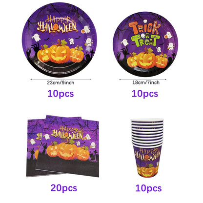 Halloween Disposable Tableware Set – Pumpkin Plates, Cups, Napkins, Tablecloth & Banner for Spooky Party Decorations
