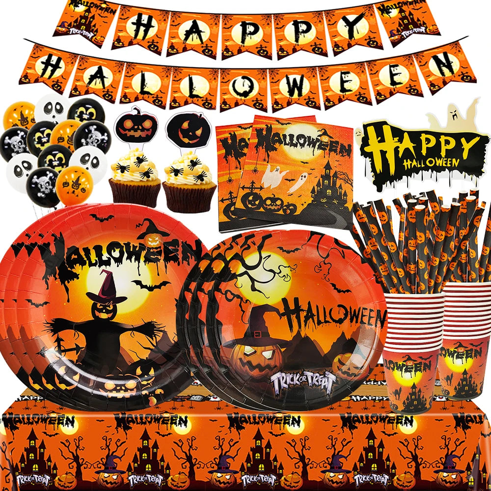 Halloween Disposable Tableware Set – Pumpkin Plates, Cups, Napkins, Tablecloth & Banner for Spooky Party Decorations
