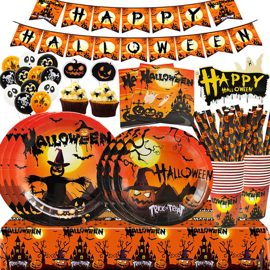Halloween Disposable Tableware Set – Pumpkin Plates, Cups, Napkins, Tablecloth & Banner for Spooky Party Decorations