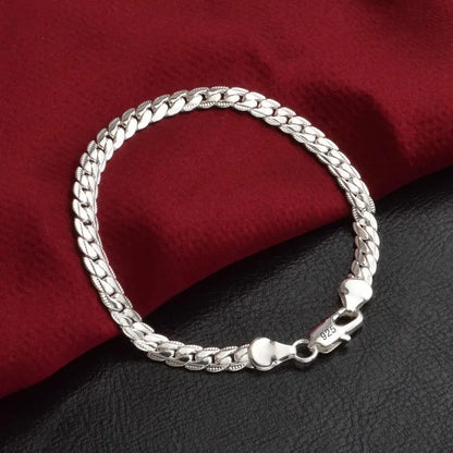 925 Sterling Silver Bracelet 6mm 18cm Flat Side Chain Lobster Clasp For Woman Man Wedding Engagement Jewelry Silver Bracelet